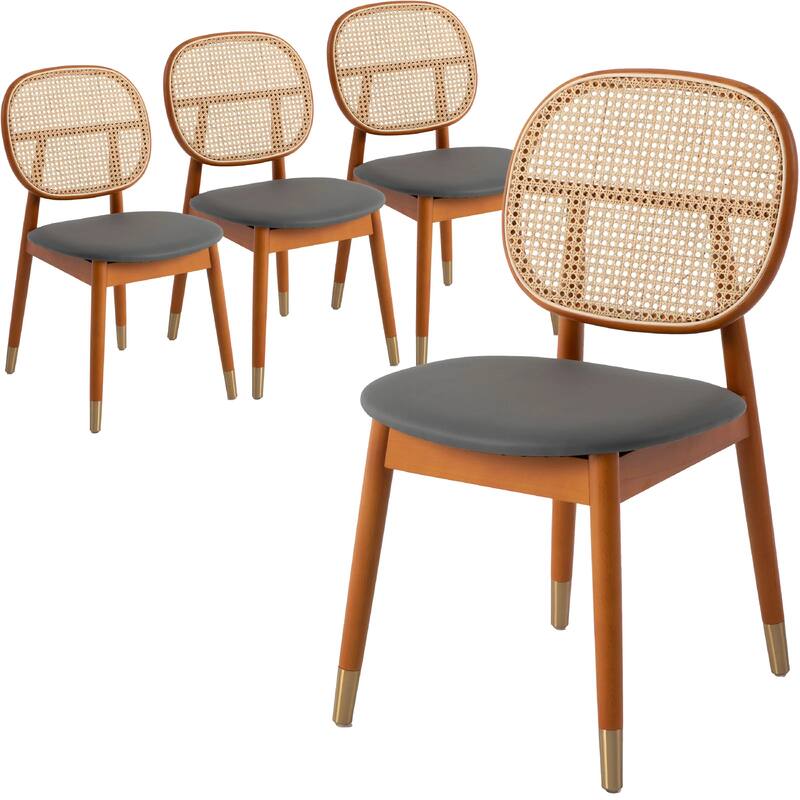 Holbeck Modern Rattan Leather Upholstered Dining Chair with Plush Padding Beech Wood Legs for Stylish Homes Set of 4 - Black