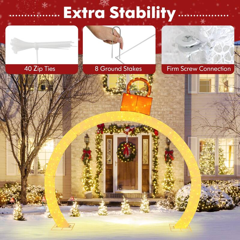 10.5 Feet Christmas Pre-Lit Arch with Gold Ornament Cap and 300 Warm White LED Lights - Warm White - 10.5 x 2 x 10.5 ft