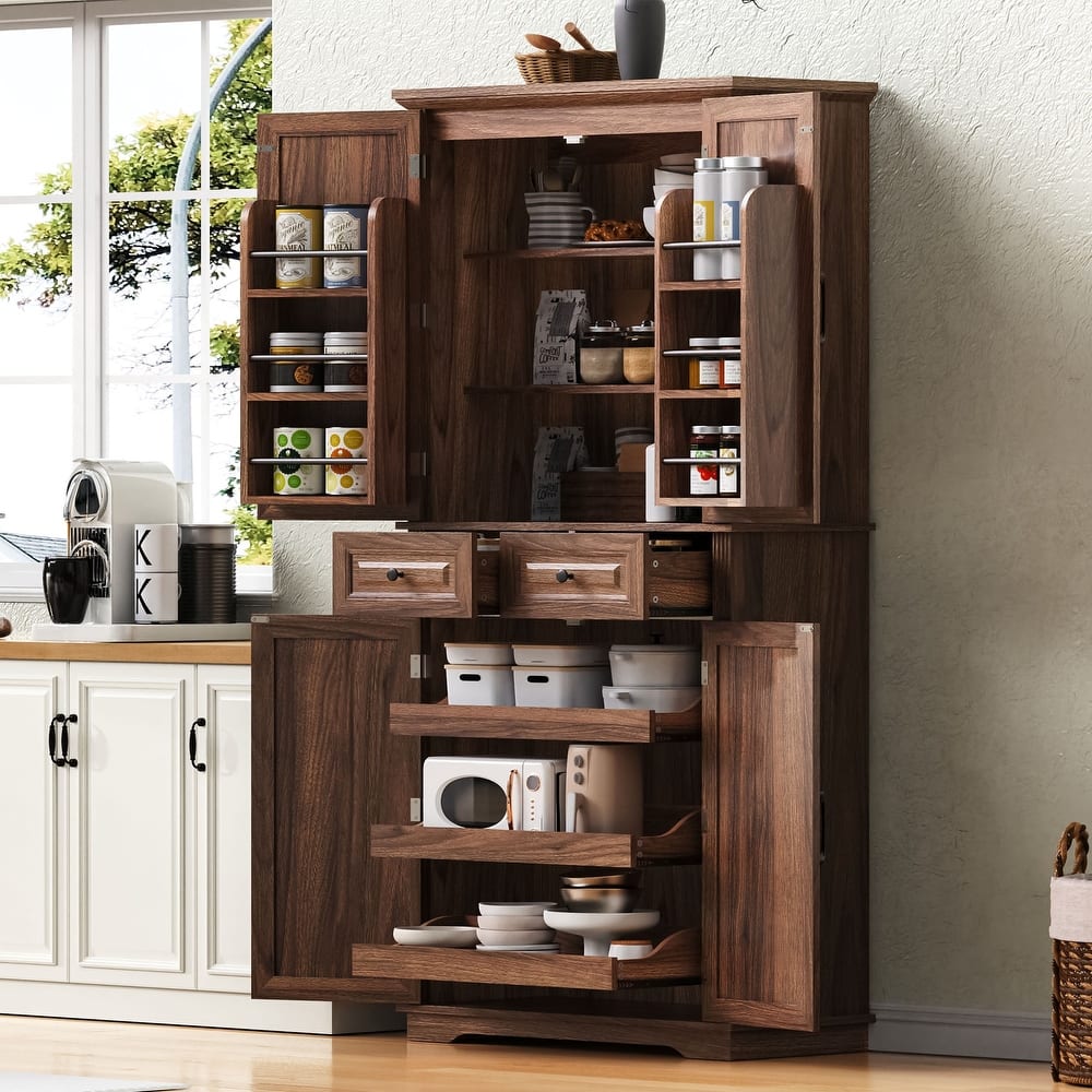 71"Tall Kitchen Pantry Cabinet with 3 Pull Out Cabinet Organizers,Embossed Texture Storage Cabinet with 6 Door Shelves,2 Drawers