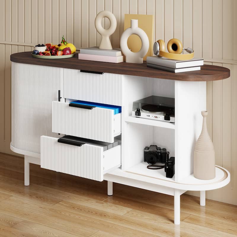 Moasis Mid-Century Modern Fluted Sideboard Buffet Cabinet with Sliding Doors and Drawers