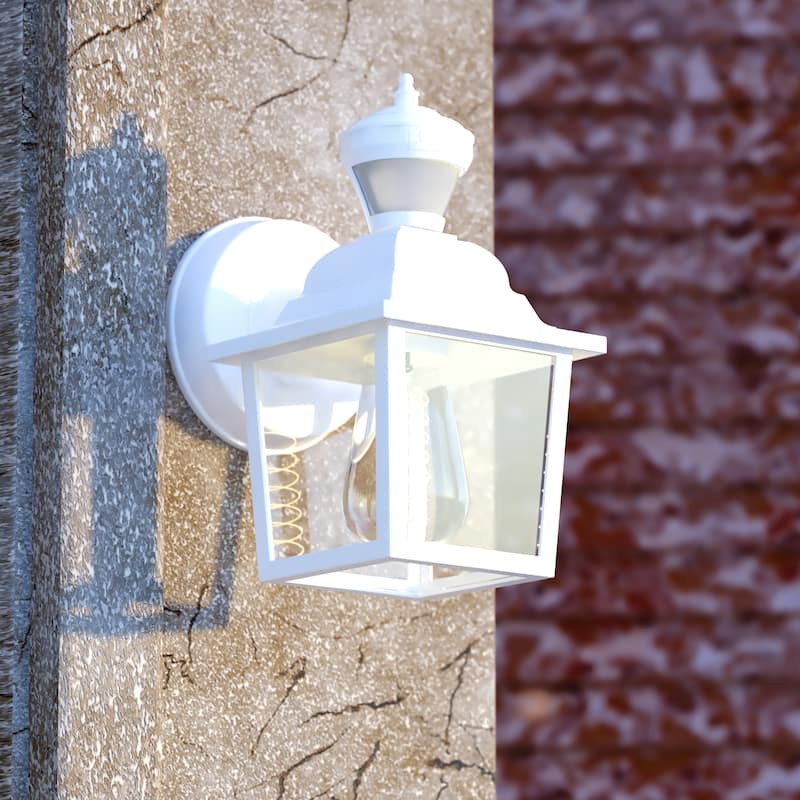 Bedford Aluminum 5.25-in. W 1 Light Motion Sensor Dusk to Dawn Outdoor Wall Lantern Clear Glass - Textured White - 5.25-in W x 10-in H x 7-in D