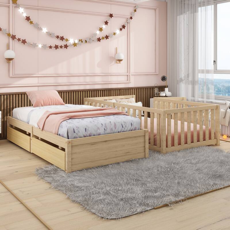 Wood Daybed with Fence Guardrails and 2 Drawers, Split into Independent Floor Bed & Daybed - Natural - Twin