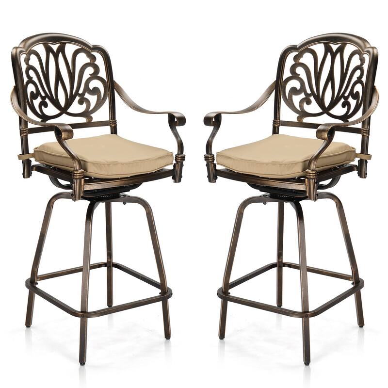 Set of 2 Aluminum Swivel Bar Stools with Thick Comfortable Cushions and Footrests for Patio or Porch - 25.2"D x 25.6"W x 51"H