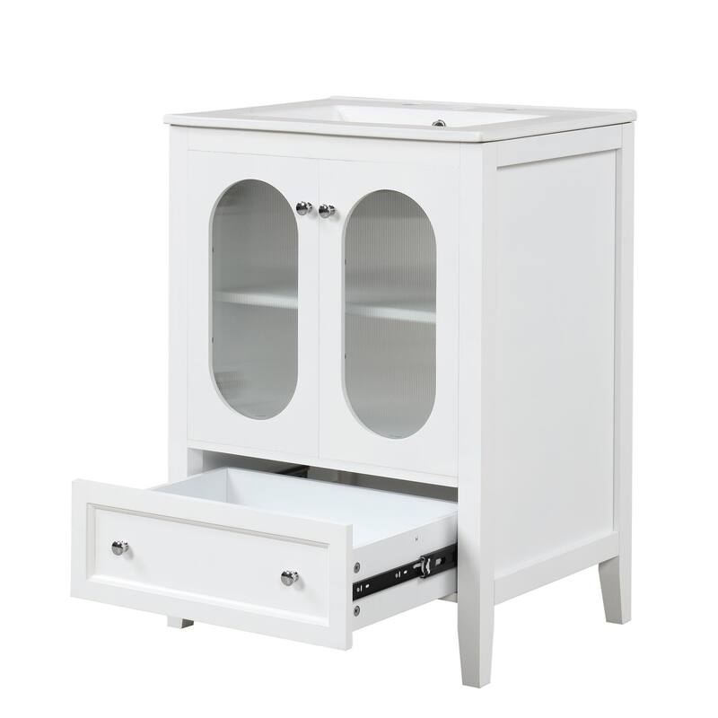 24 inch Solid Wood and MDF Freestanding Bathroom Vanity Set in White with Integrated Ceramic Sink