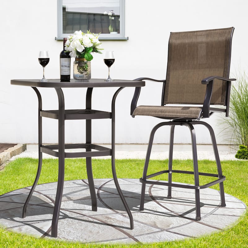 Outdoor Patio Swivel Bar Stool Set with Glass Table, All-Weather Textilene