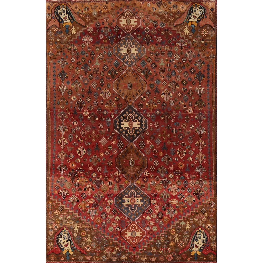 Hand Knotted Oriental 100% Wool Carpet Traditional Tribal Red Shiraz Area Rug - 8' 10'' X 5' 10''