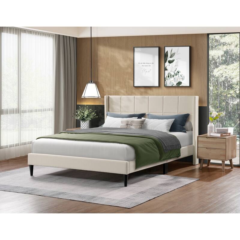 Queen Bed Frame with Wingback/Linen Upholstered Platform Bed with Square Stitched Headboard/Wood Slats Support/Solid Wood Legs