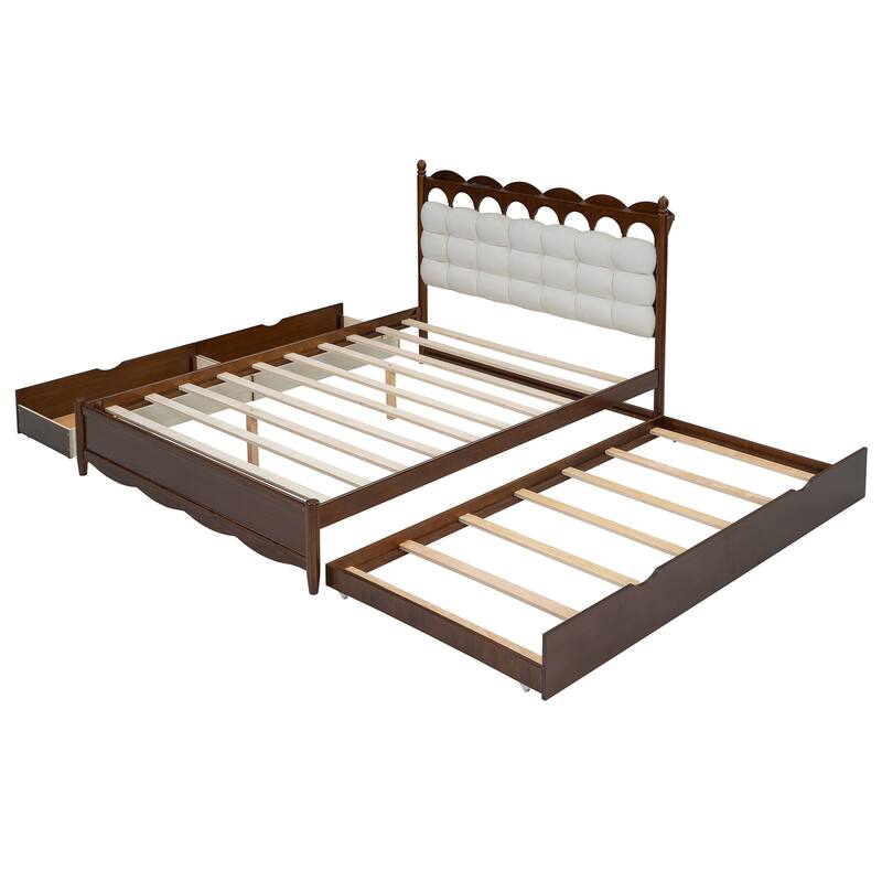 Queen Size Wooden Platform Bed Frame with Trundle, 2 Big Drawers and USB Ports, Stylish and Functional Bedroom Furniture