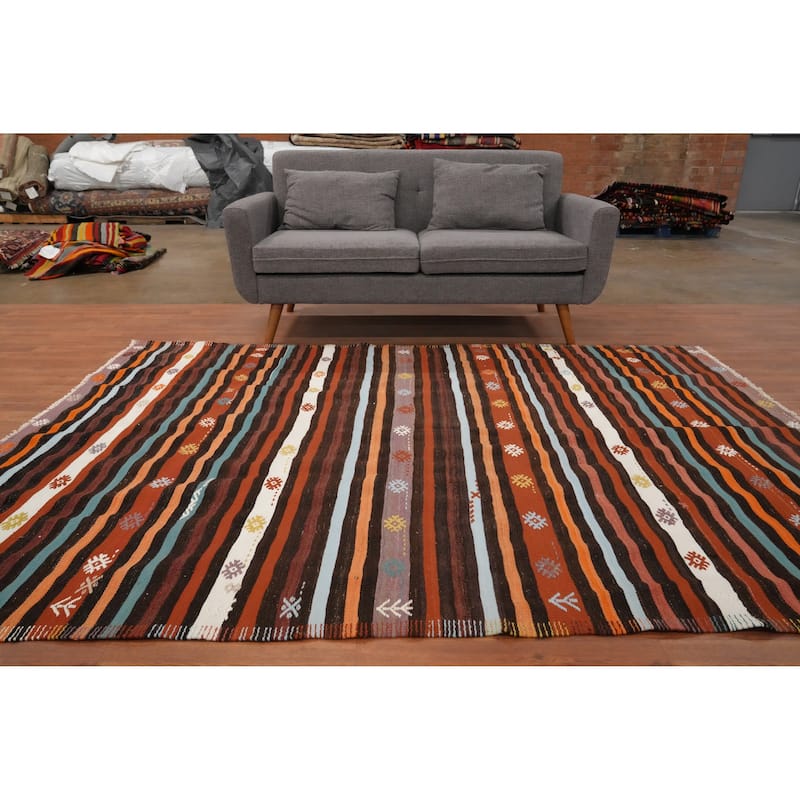 Hand Woven Oriental 100% Wool Carpet Southwestern Tribal Oranges & Rust Kilim Area Rug - 8' 2'' X 5' 10''
