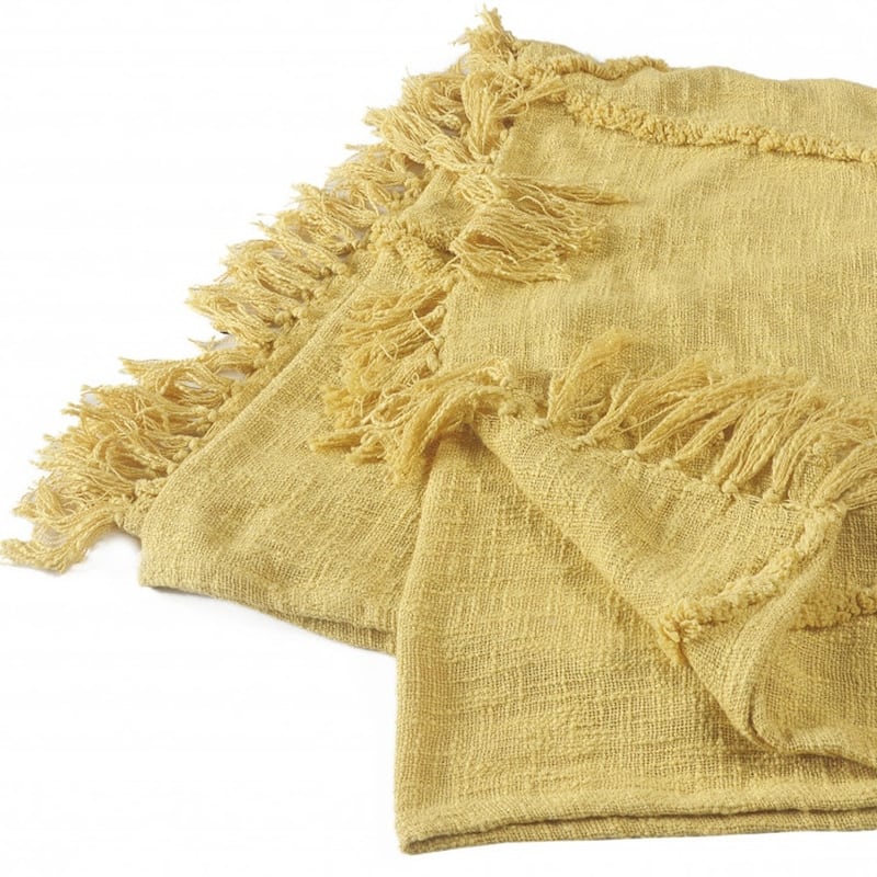 HomeRoots 60" X 50" Yellow Woven Cotton Throw Blanket with Fringe