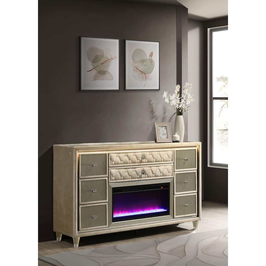 Lorient 8-drawer LED Bedroom Flame Box Dresser Ivory Camel