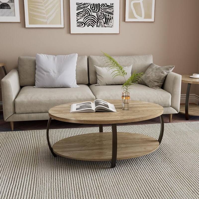 Oval Coffee Table, Industrial 2-Tier Elliptic Coffee Table - 43'3"X27'6"X18" - Coffee Table