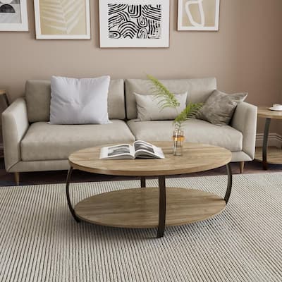 Oval Coffee Table, Industrial 2-Tier Elliptic Coffee Table