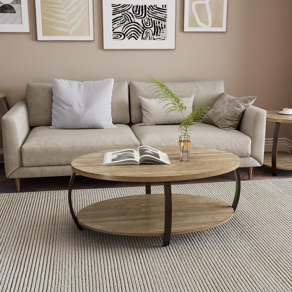 Oval Coffee Table, Industrial 2-Tier Elliptic Coffee Table