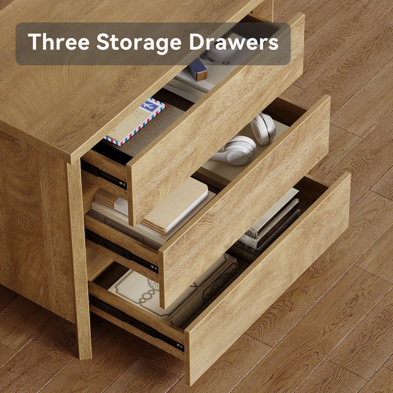 Oversized 3-Drawer Wood Nightstand, Large Storage Night Stand for Bedroom