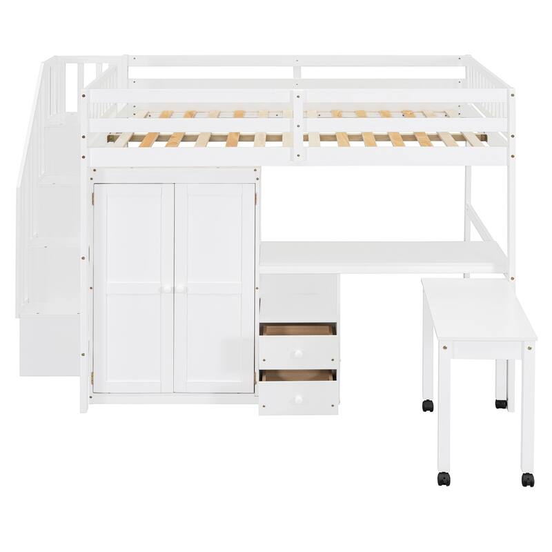 Multifunctional Full Size Loft Bed with Stairs, Bookshelf, Drawers, Desk & Wardrobe - White