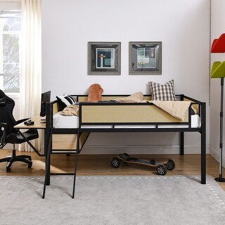 Metal Loft Bed with Rectangular Desk LED Lights loft Bed Frame with Storage Shelves and Ladder, Black+Brown
