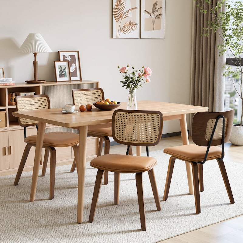 Faux Leather Upholstered Dining Chairs Set of 2/4 with Wood Legs - 32.3"H x 18.5"W x 21.8"D - Set of 4 - Brown-Rattan back