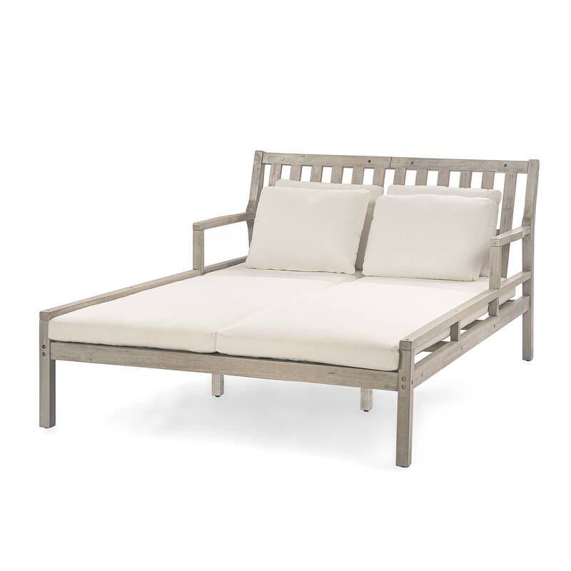 Anmytek Acacia Wood Patio Daybed with Four Pillows and Curved Armrests Outdoor Lounge Bed