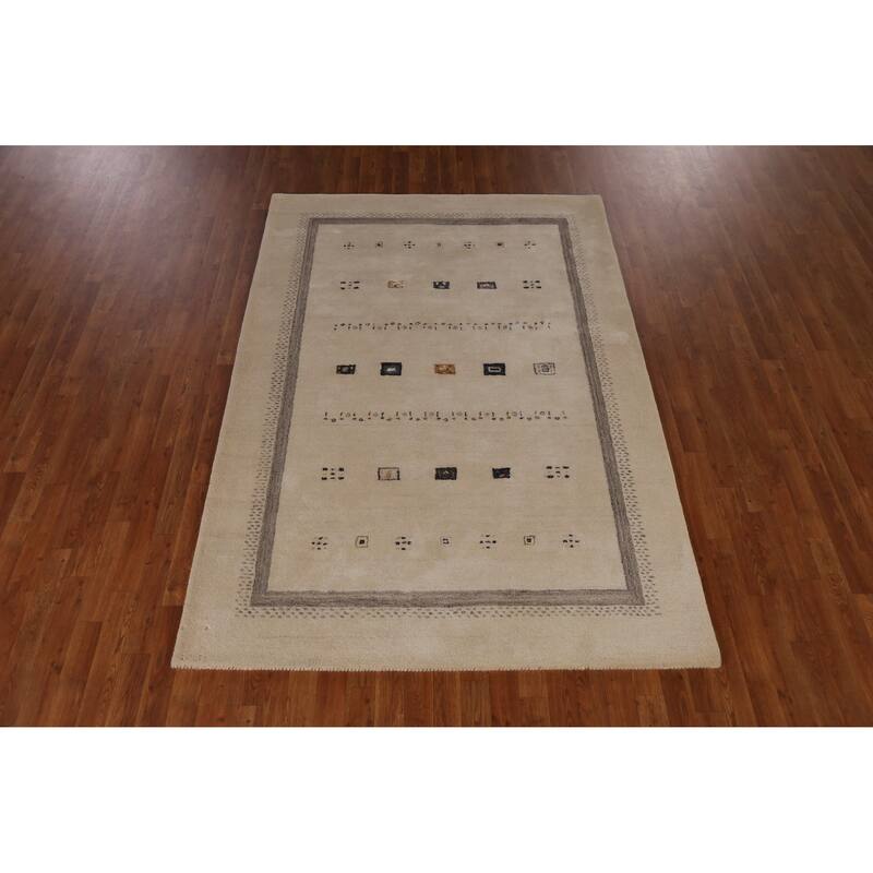 Tribal Geometric Gabbeh Indian Area Rug Beige Handmade Wool Carpet - 5'3" x 7'7"