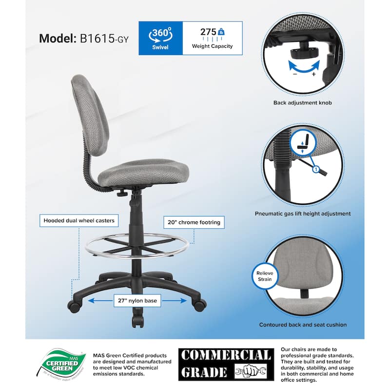 Boss Contoured Comfort Adjustable Rolling Drafting Stool Chair