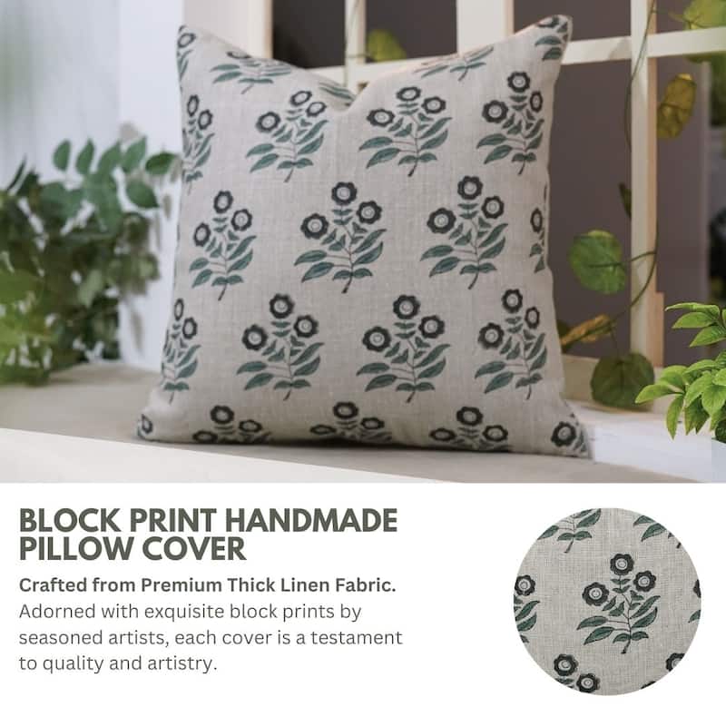 Linen Farmhouse Block print pillow Cover - Neha