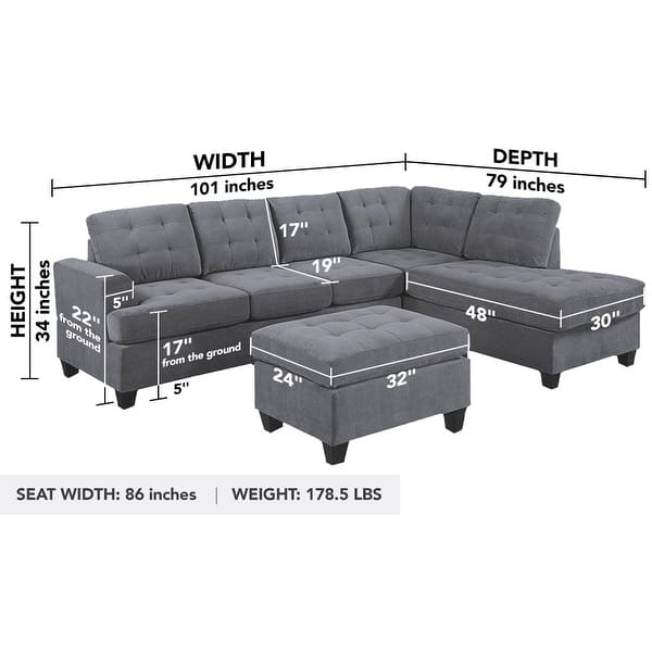 dimension image slide 2 of 4, Reversible 3-piece Microfiber Suede Sectional Sofa with Ottoman