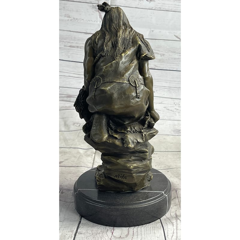 Native American Indian Warrior Squatting On Rock Bronze Sculpture Statue Marble Base