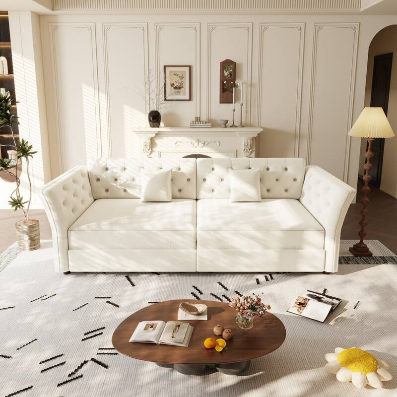 100" Velvet Convertible Sofa Bed with with Fabric Flower Tufted Design