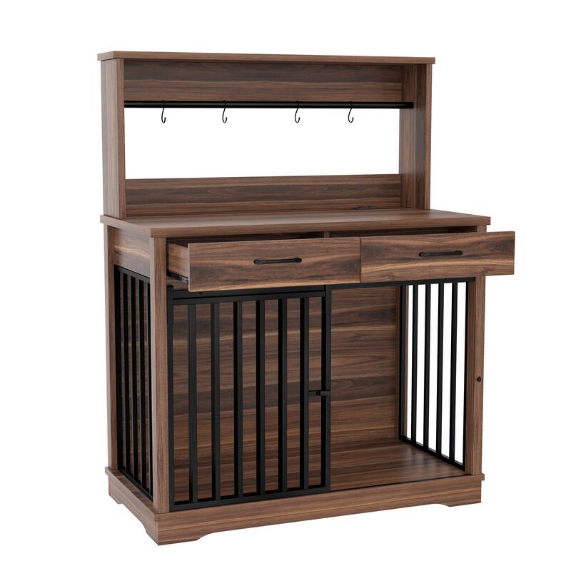 43.3" Dog Crate Furniture with 3 Drawers Indoor Wooden Dog Kennel, 2 Door Dog Cage End Table with Portable Feeder