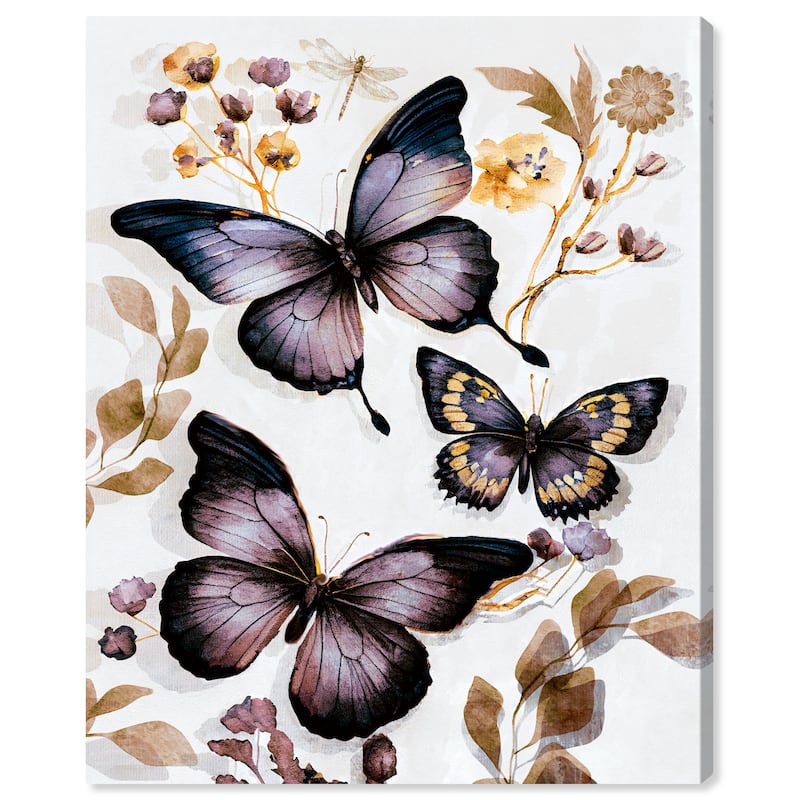 Wynwood Studio Canvas Animals Butterfly Dance III Purple and Dark Purple Traditional Wall Art Canvas Print - Purple, Brown