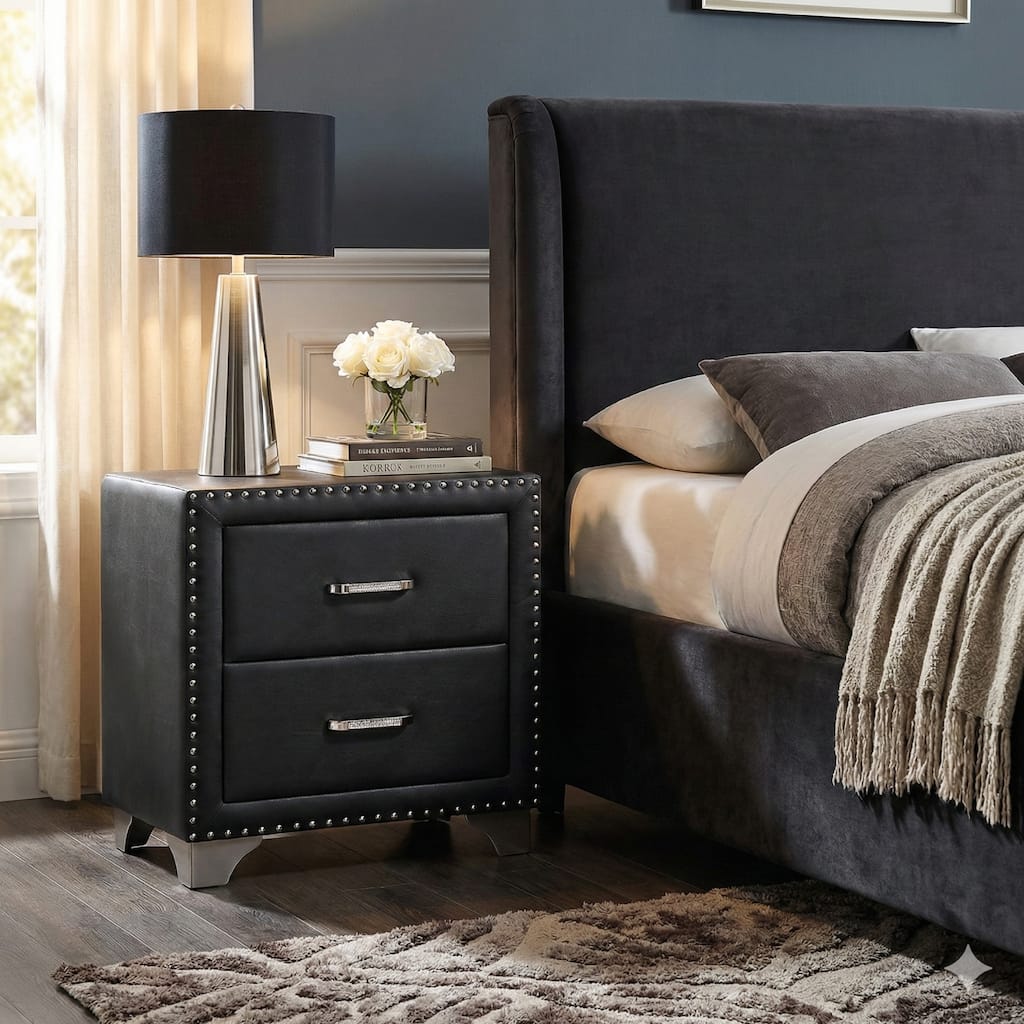 Cale 26 Inch Modern Glam Wood Nightstand, Nailhead, Gray Velvet Upholstered