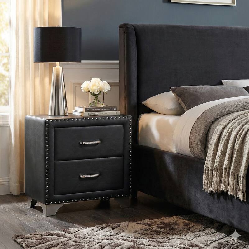 Cale 26 Inch Modern Glam Wood Nightstand, Nailhead, Gray Velvet Upholstered