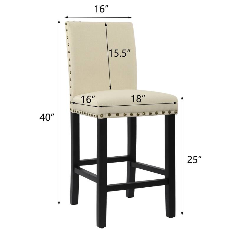 25 Inches Bar Stools Set of 2 Upholstered Counter Height Bar Stools with Back and Nailhead Trim