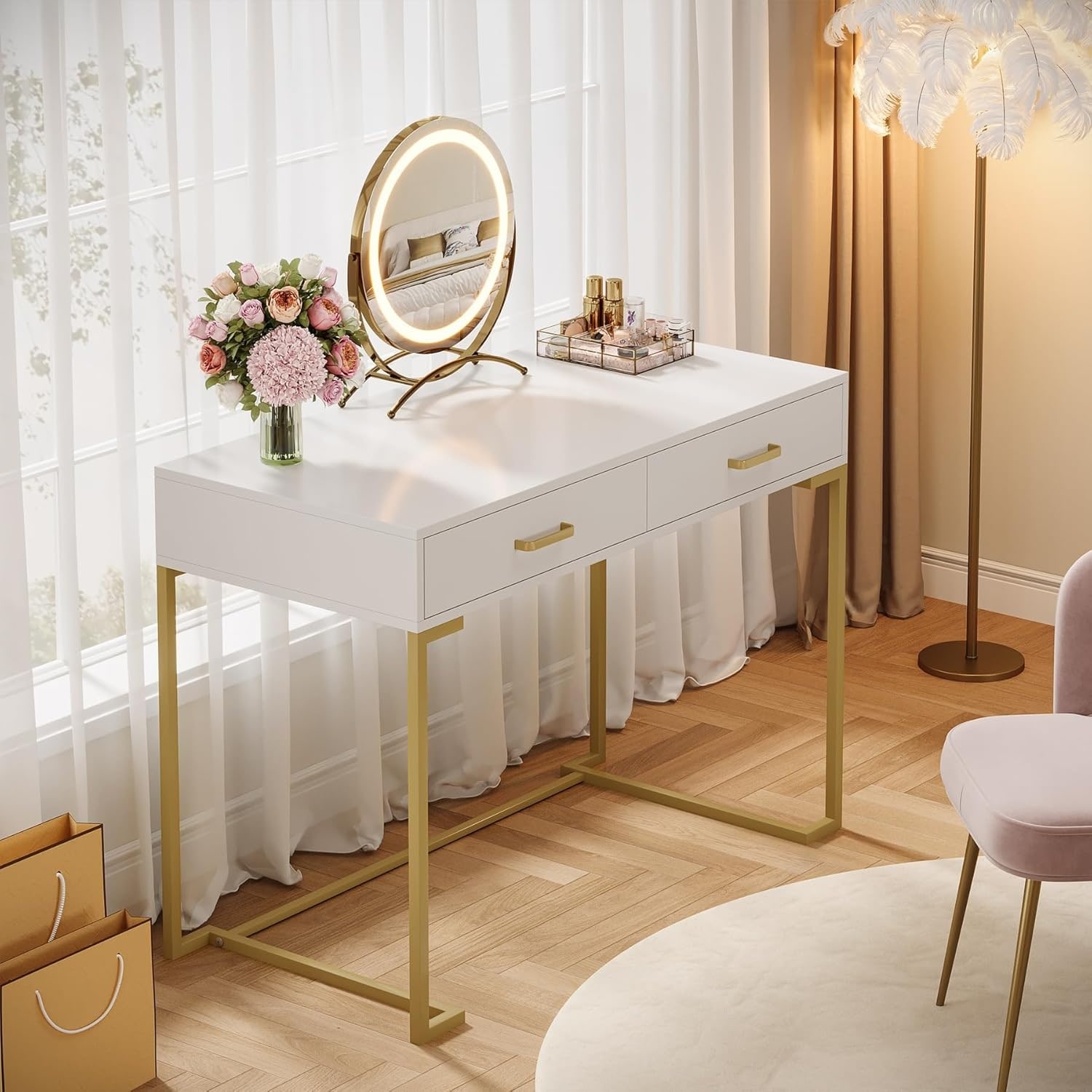 white dressing table with gold legs Modern Vanity Desk, Rectangular Makeup Vanity, Dressing Desk Beauty Station Champagne Gold Gown