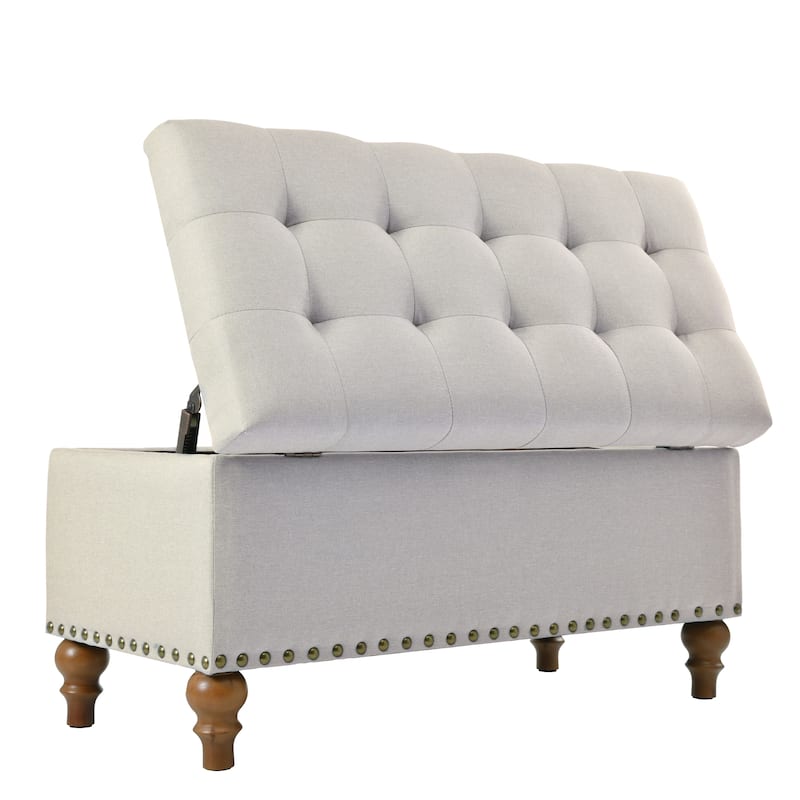 Linen Fabric Storage Ottoman Bench, Multi-Functional Storage Ottoman, End of Bed Bench with Hidden Hinge Lid & Rivet Trim