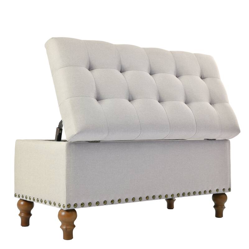 Linen Ottoman Storage Bench with Rivet Trim Around