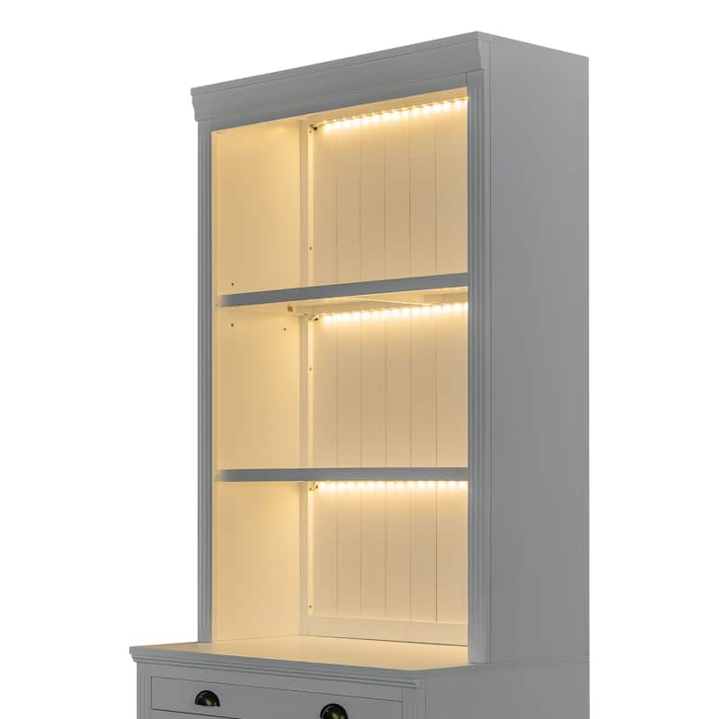 83.4" Tall Bookshelf with LED Lights, 2 Glass Doors & 1 Drawer for Living Room, Home Office