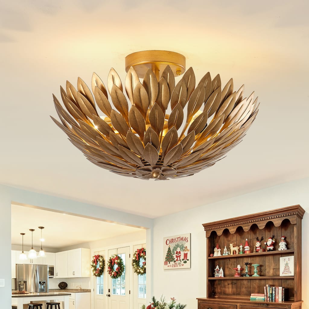 Antique Gold Olive Leaf 3-Light Semi Flush Mount Ceiling Light - 16" W x 10.1" H