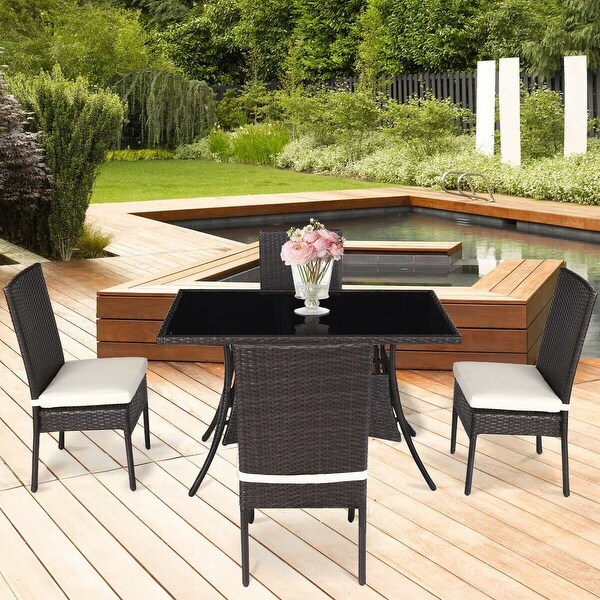 5 Piece Outdoor Patio Furniture Rattan Dining Table Cushioned Chairs Set