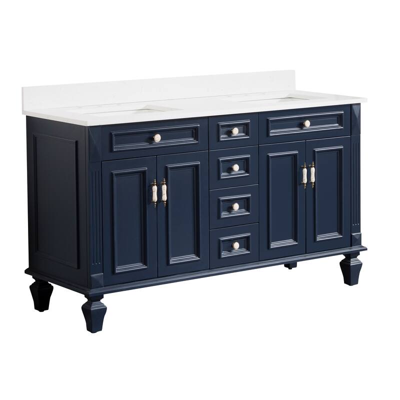 35'' H Solid Wood Bath Vanity with Stain-resistant Carrera White Quartz Top and Double Sink