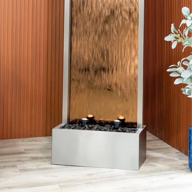 68 in H Freestanding Waterfall Fountain w/ Decorative Rocks LED, Auto-Shut Off Pump Stainless Steel/Bronze Glass, Silver Frame