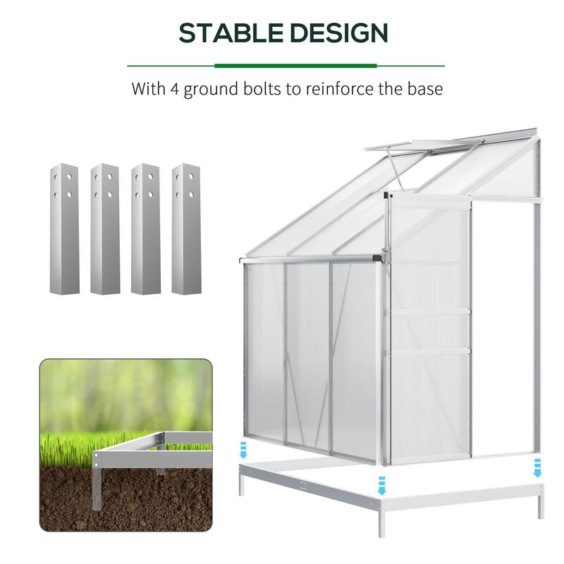 Outsunny 6' x 4' Aluminum Greenhouse Polycarbonate Walk-in Garden Greenhouse with Adjustable Roof Vent and Sliding Doorr, Clear