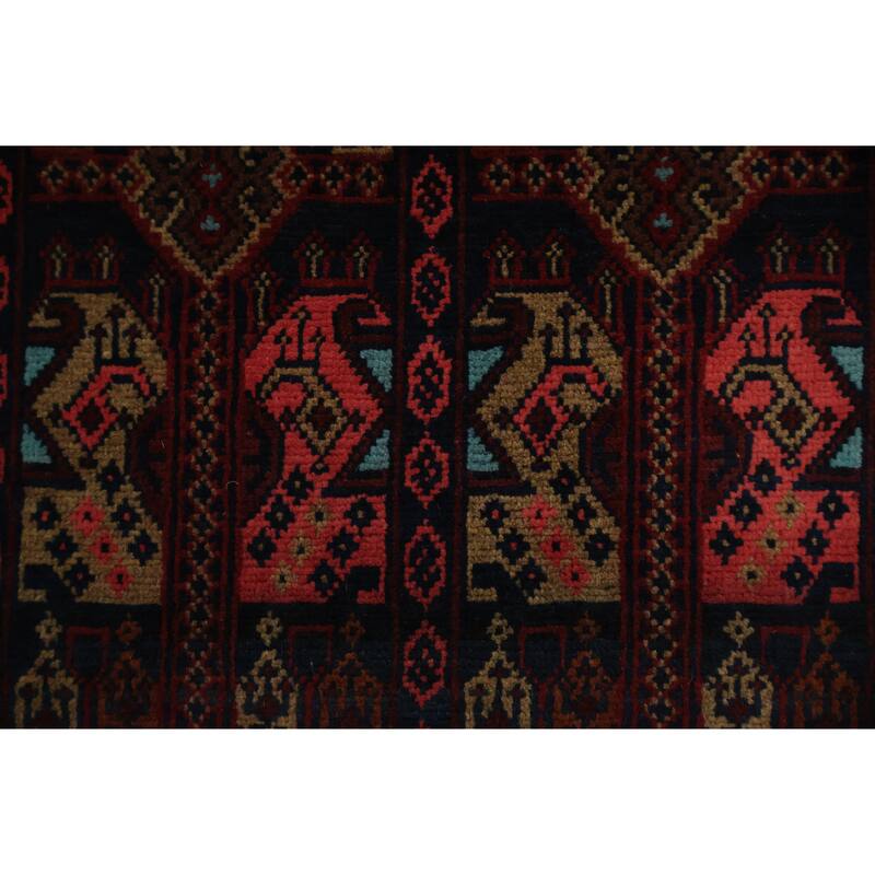 Hand Knotted Oriental 100% Wool Carpet Traditional Geometric Red Balouch Area Rug - 3' 7'' X 1' 10''
