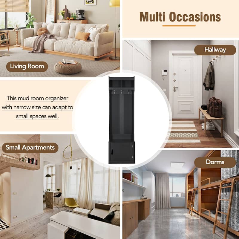 Roomfitters Minimalist Slim Hall Tree with Cabinet, Modern Storage Bench with Coat Rack and 6 Hooks for Mudroom