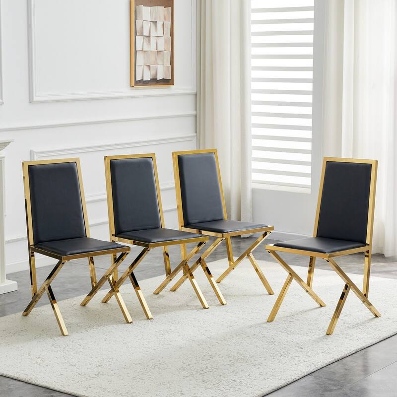 17.3" Black PU Dining Chairs with Gold Metal Legs, Set of 4