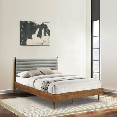Artemio Black or Walnut Wood Queen Platform Bed Frame with Grey Upholstered Headboard