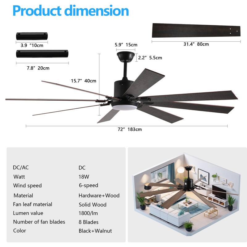 72" Walnut LED Ceiling Fan Light with 8 Wooden Blades, Remote Control, Adjustable Color Temperature for Living Room, Bedroom