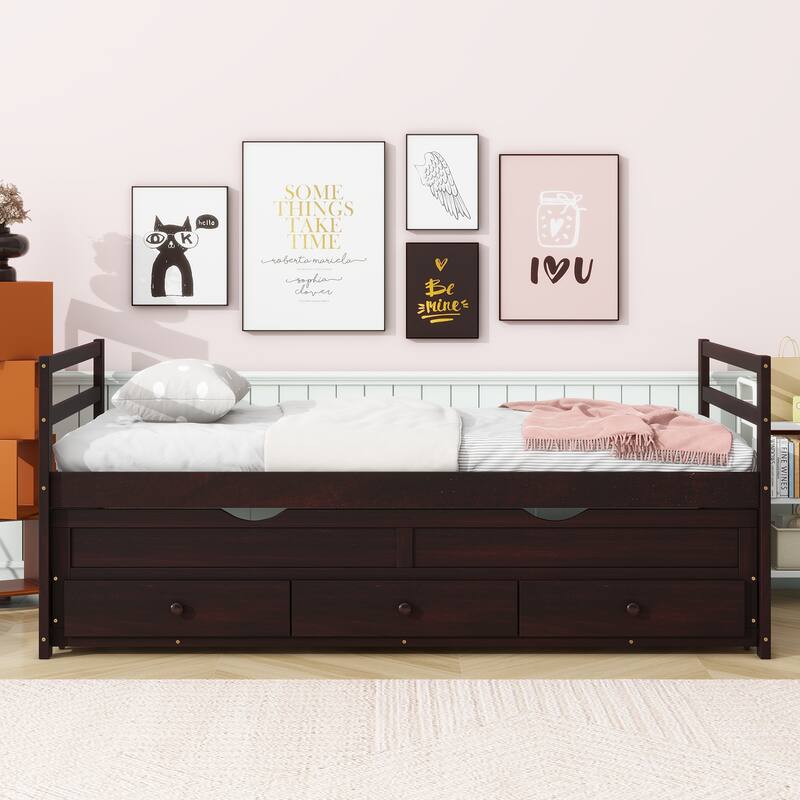 Twin Bed with Pull-Out Trundle, Three Storage Drawers, Pine Wood Frame, Headboard & Footboard