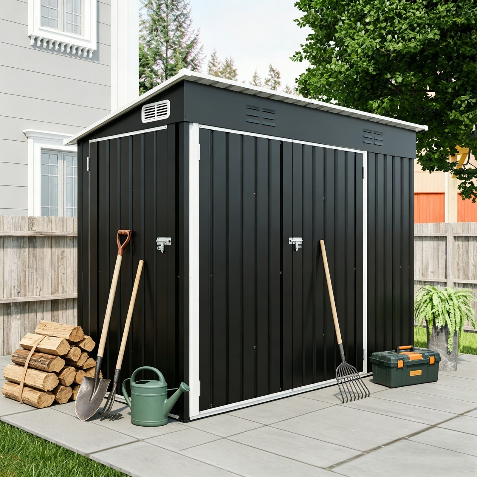4 x 8 FT Galvanized Steel Outdoor Storage Shed with 3 Access Doors, Ventilated Weatherproof Metal Utility Shed for Garden Tools